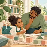 Illustration of a parent and child exploring a maths question with blocks and a notebook.