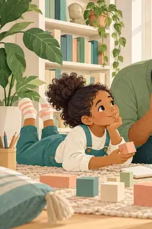 Illustration of a parent and child exploring a maths question with blocks and a notebook.