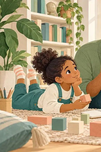 Illustration of a parent and child exploring a maths question with blocks and a notebook.
