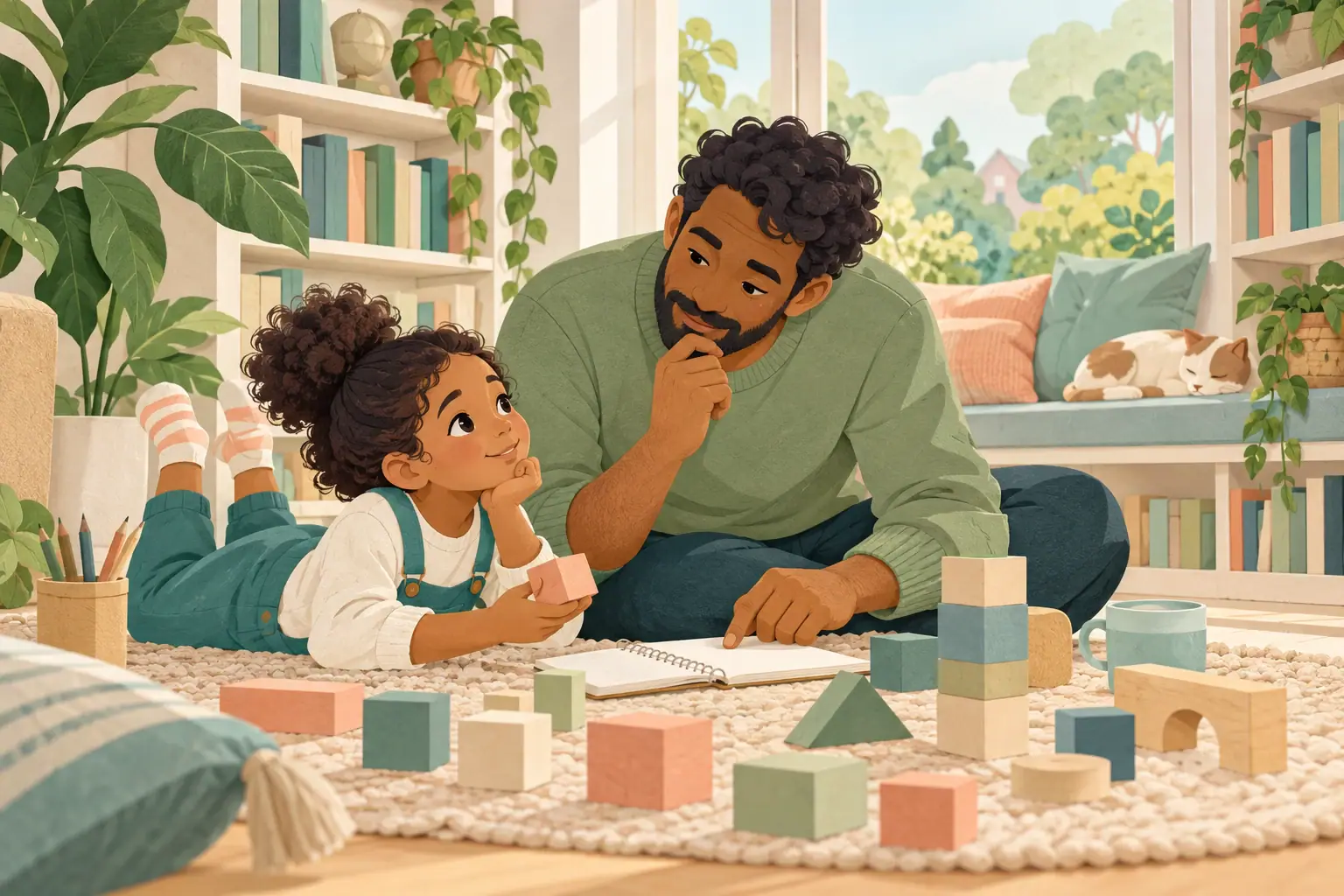 Illustration of a parent and child exploring a maths question with blocks and a notebook.
