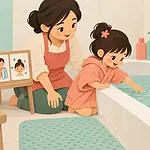 A parent and young child calmly preparing a bath with towels and picture steps nearby