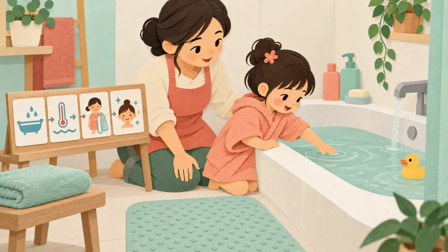 A parent and young child calmly preparing a bath with towels and picture steps nearby