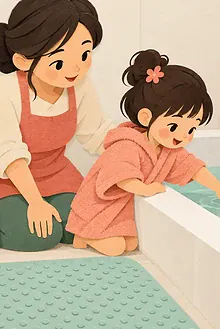 A parent and young child calmly preparing a bath with towels and picture steps nearby