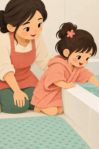 A parent and young child calmly preparing a bath with towels and picture steps nearby