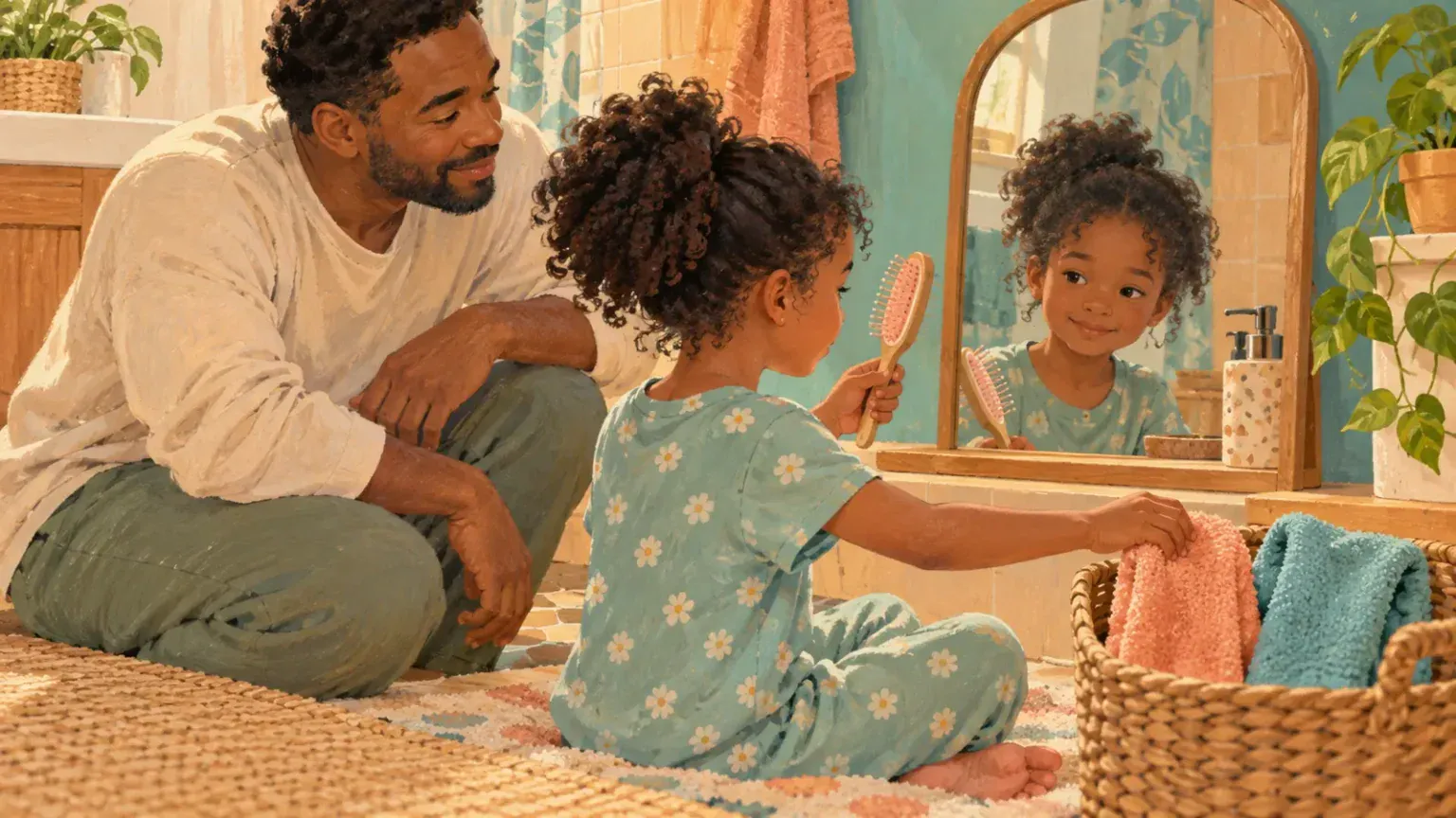 A father and child calmly practising hair brushing together beside a low mirror