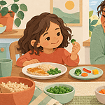 Young child exploring a small piece of broccoli at a relaxed family meal