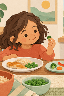 Young child exploring a small piece of broccoli at a relaxed family meal