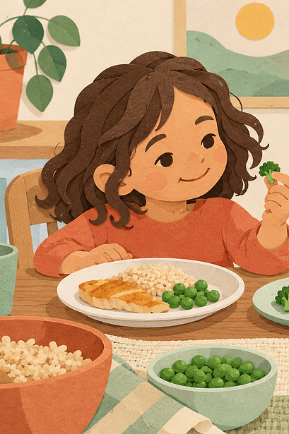 Young child exploring a small piece of broccoli at a relaxed family meal