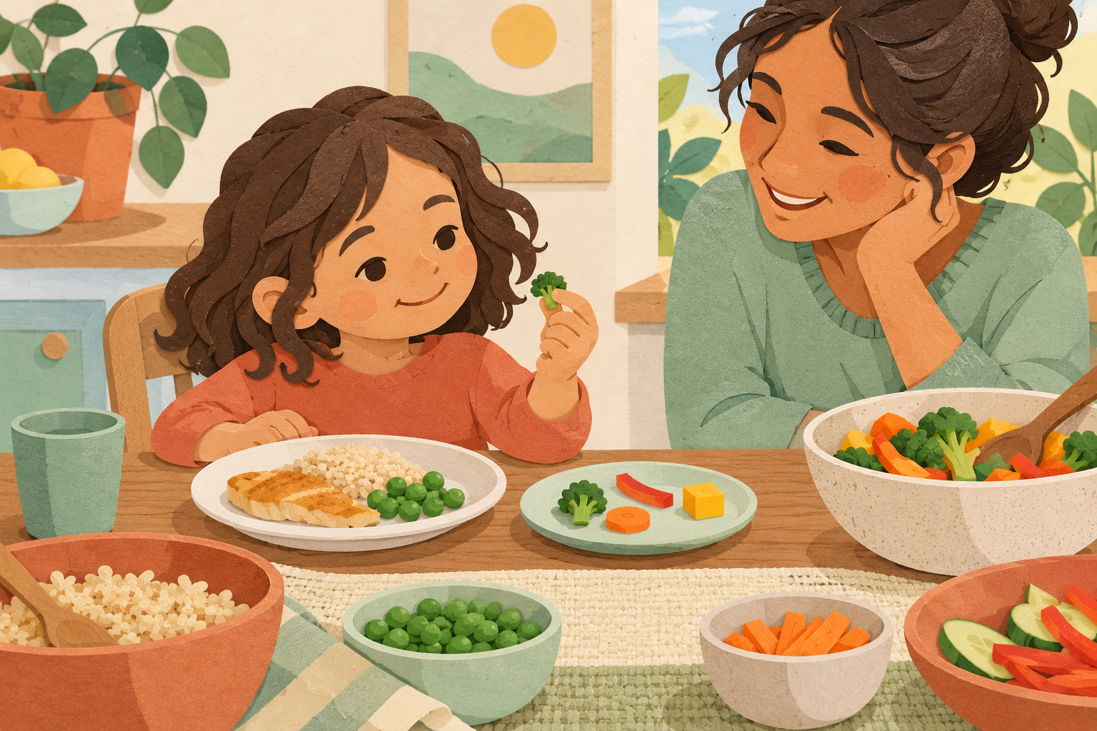 Young child exploring a small piece of broccoli at a relaxed family meal