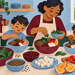 Family assembling vegetarian bowls with lentils, beans, tofu, greens and oranges