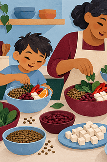 Family assembling vegetarian bowls with lentils, beans, tofu, greens and oranges