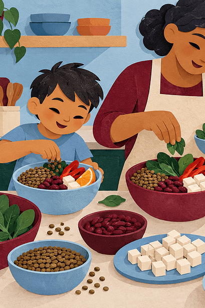 Family assembling vegetarian bowls with lentils, beans, tofu, greens and oranges