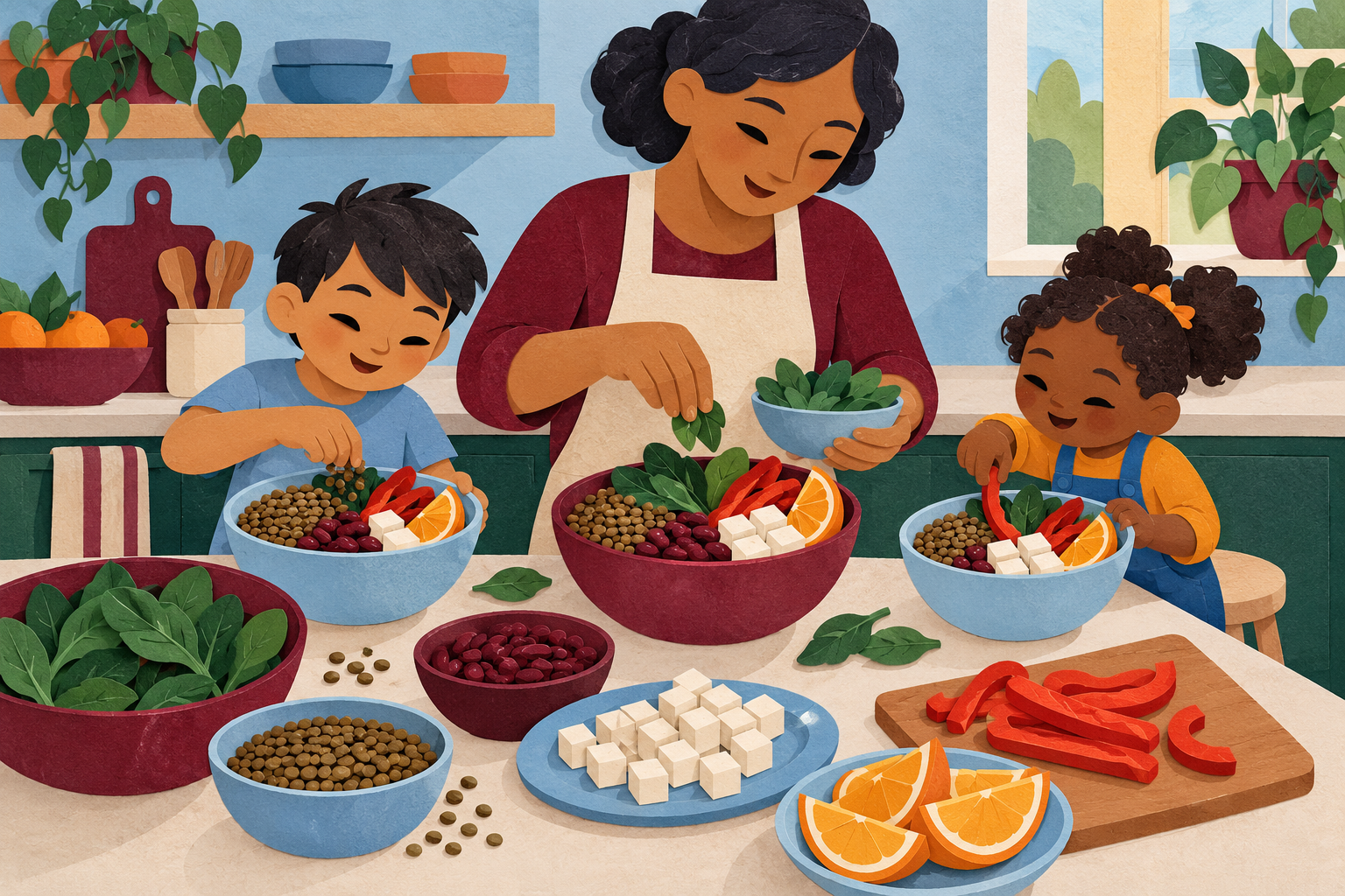 Family assembling vegetarian bowls with lentils, beans, tofu, greens and oranges