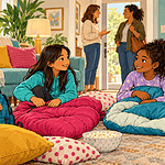 Two friends with sleeping bags while their caregivers discuss the sleepover plan