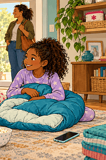 Two friends with sleeping bags while their caregivers discuss the sleepover plan