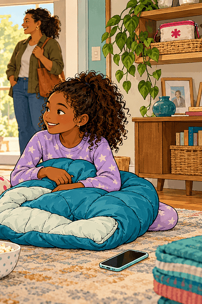 Two friends with sleeping bags while their caregivers discuss the sleepover plan