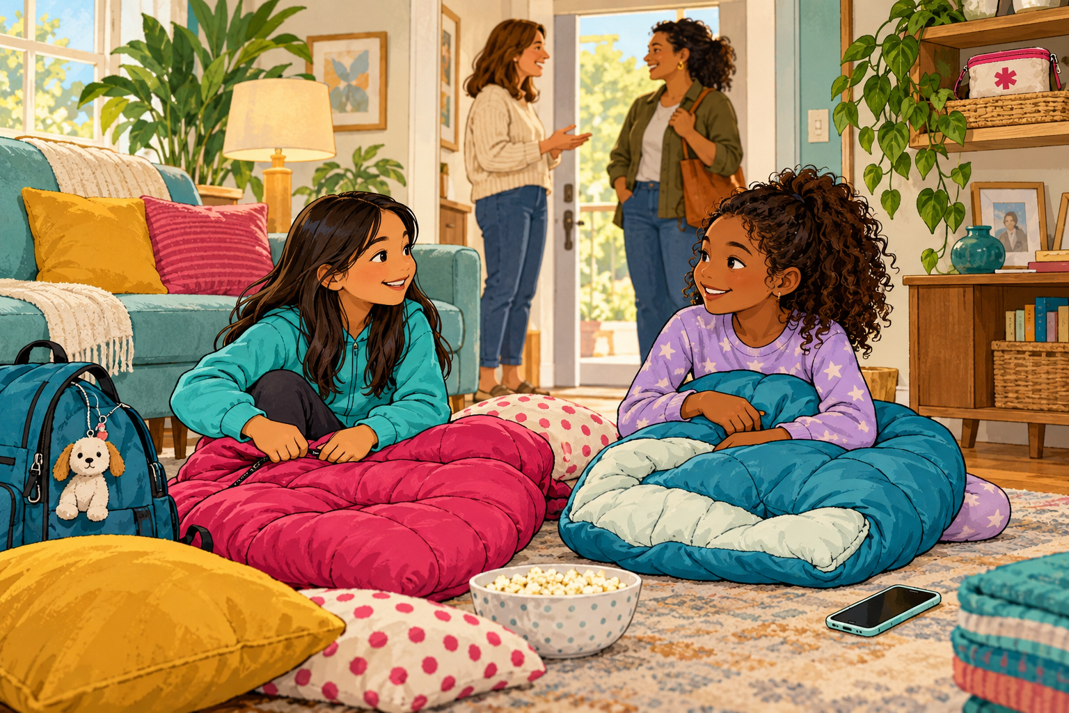 Two friends with sleeping bags while their caregivers discuss the sleepover plan