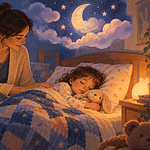 Caregiver sitting calmly beside a sleeping child in a softly lit bedroom