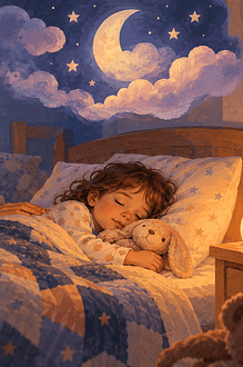 Caregiver sitting calmly beside a sleeping child in a softly lit bedroom