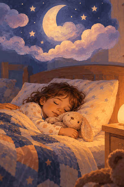 Caregiver sitting calmly beside a sleeping child in a softly lit bedroom