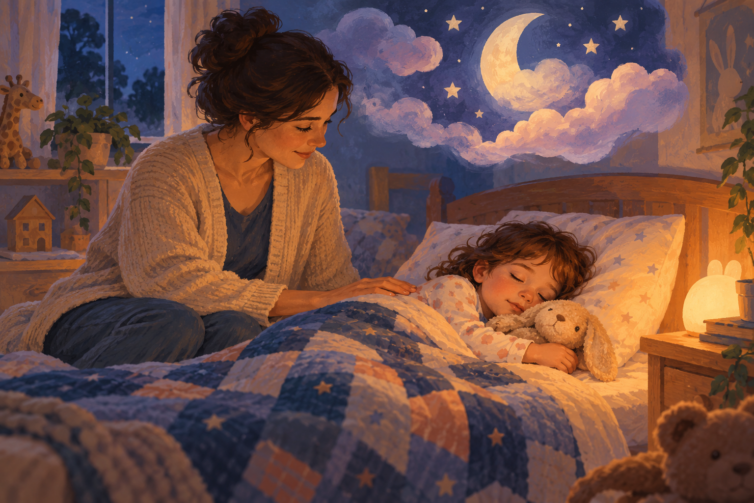 Caregiver sitting calmly beside a sleeping child in a softly lit bedroom