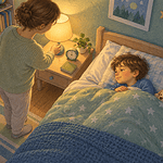 School-age child settling in bed while a caregiver dims the bedside lamp
