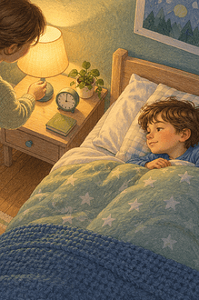 School-age child settling in bed while a caregiver dims the bedside lamp