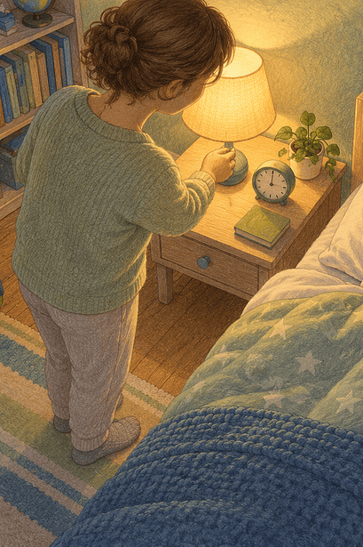 School-age child settling in bed while a caregiver dims the bedside lamp
