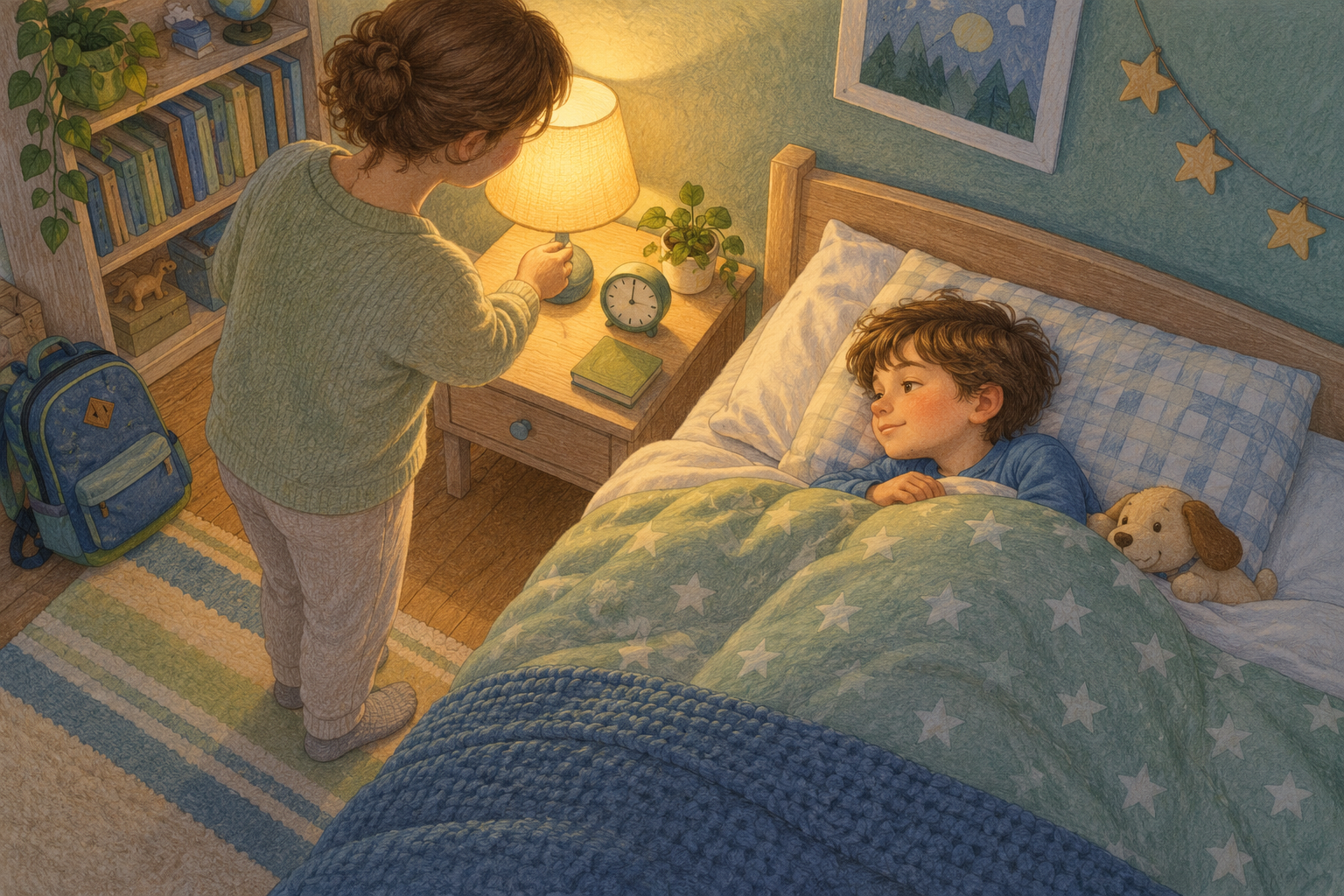School-age child settling in bed while a caregiver dims the bedside lamp