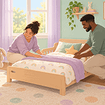 Two caregivers preparing a low toddler bed while their child watches