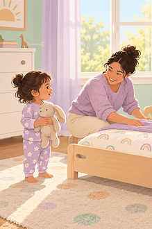 Two caregivers preparing a low toddler bed while their child watches