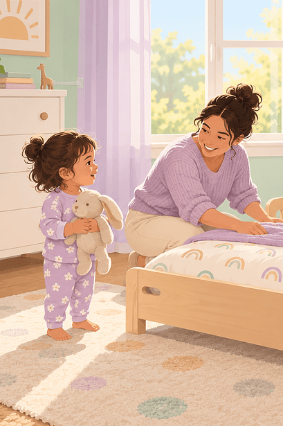 Two caregivers preparing a low toddler bed while their child watches