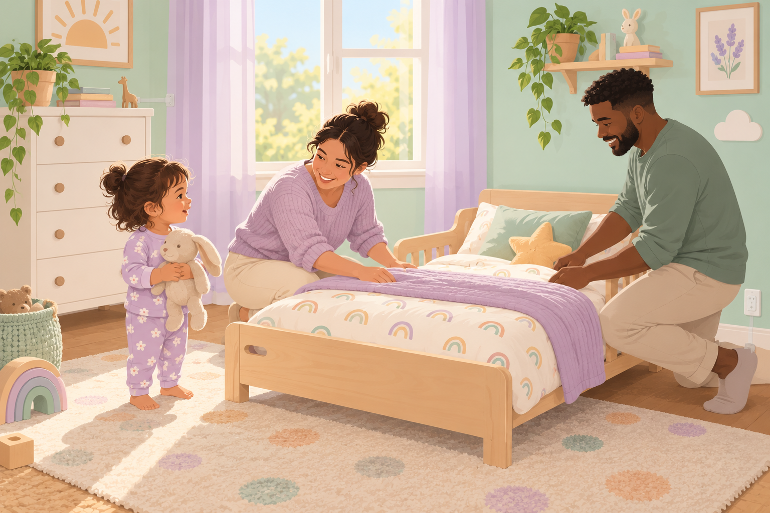 Two caregivers preparing a low toddler bed while their child watches