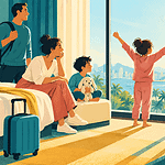 Family welcoming morning daylight in a hotel room after travelling
