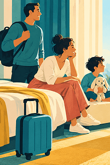 Family welcoming morning daylight in a hotel room after travelling