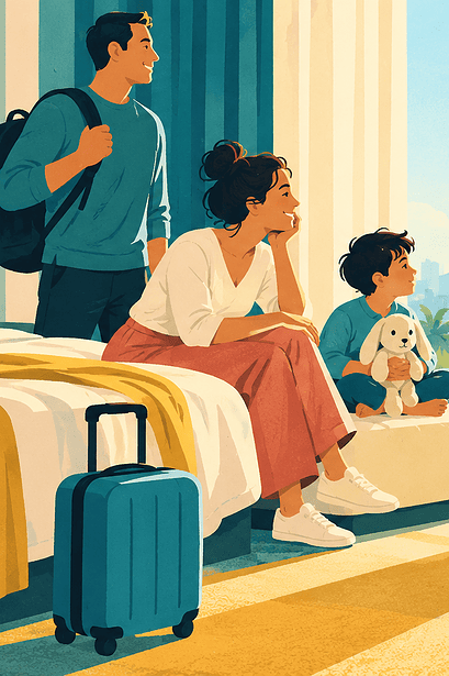 Family welcoming morning daylight in a hotel room after travelling