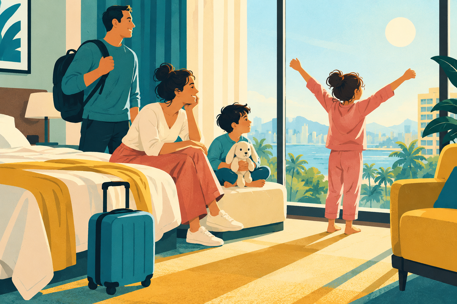 Family welcoming morning daylight in a hotel room after travelling