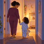 Caregiver gently walking a sleepy young child back to their bedroom