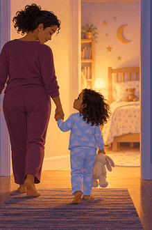 Caregiver gently walking a sleepy young child back to their bedroom