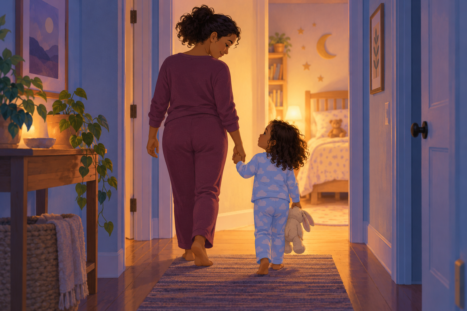 Caregiver gently walking a sleepy young child back to their bedroom