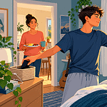 Teen opening curtains at sunrise after placing a phone in a charging basket