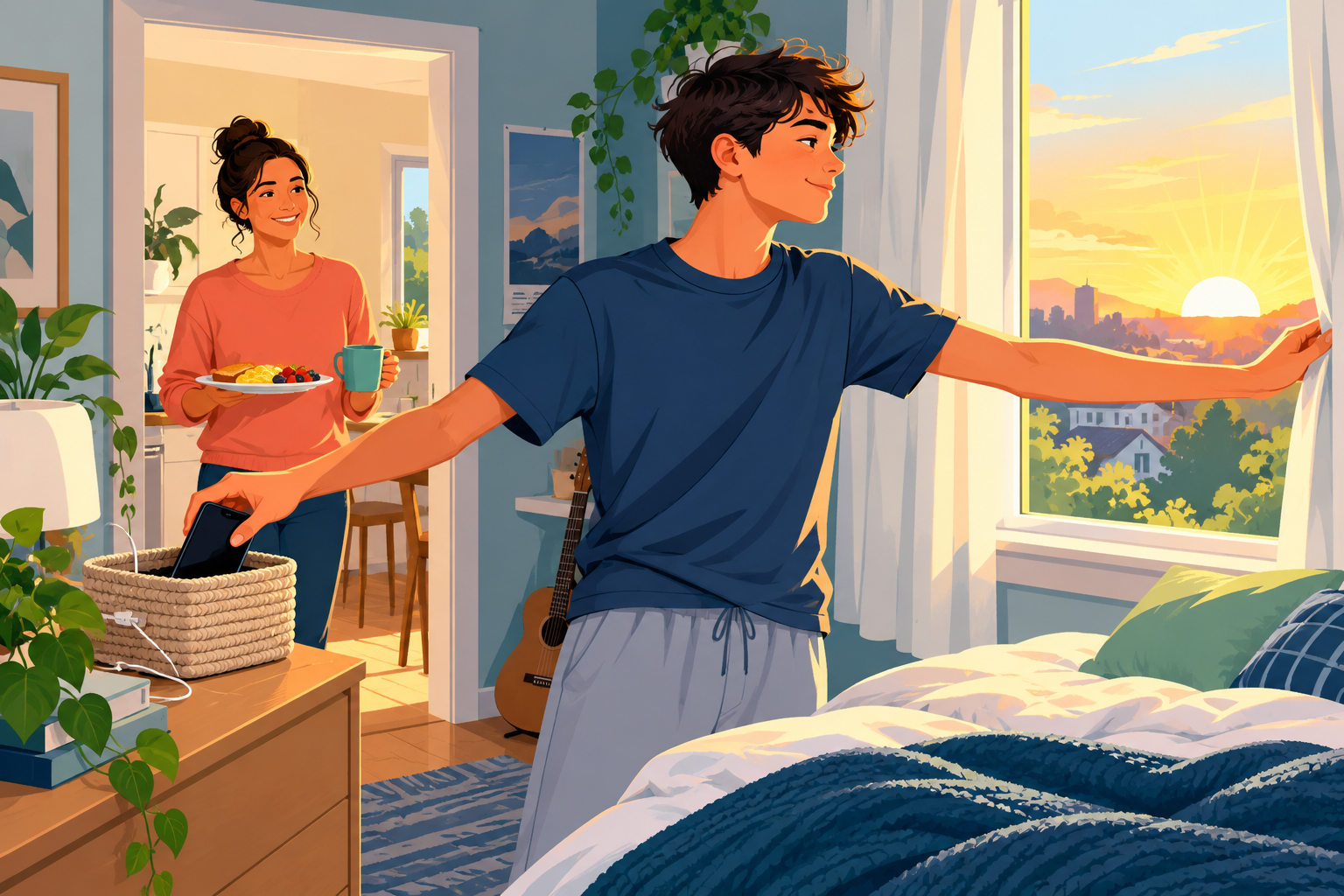 Teen opening curtains at sunrise after placing a phone in a charging basket