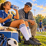 A young football player drinking water and eating a banana with her grandfather beside a field after practice