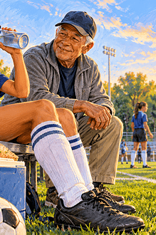 A young football player drinking water and eating a banana with her grandfather beside a field after practice