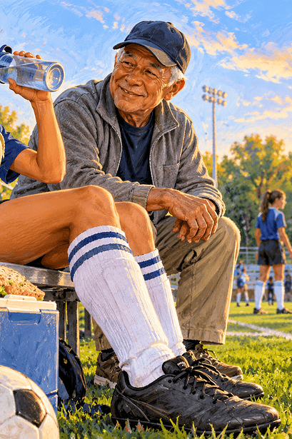 A young football player drinking water and eating a banana with her grandfather beside a field after practice