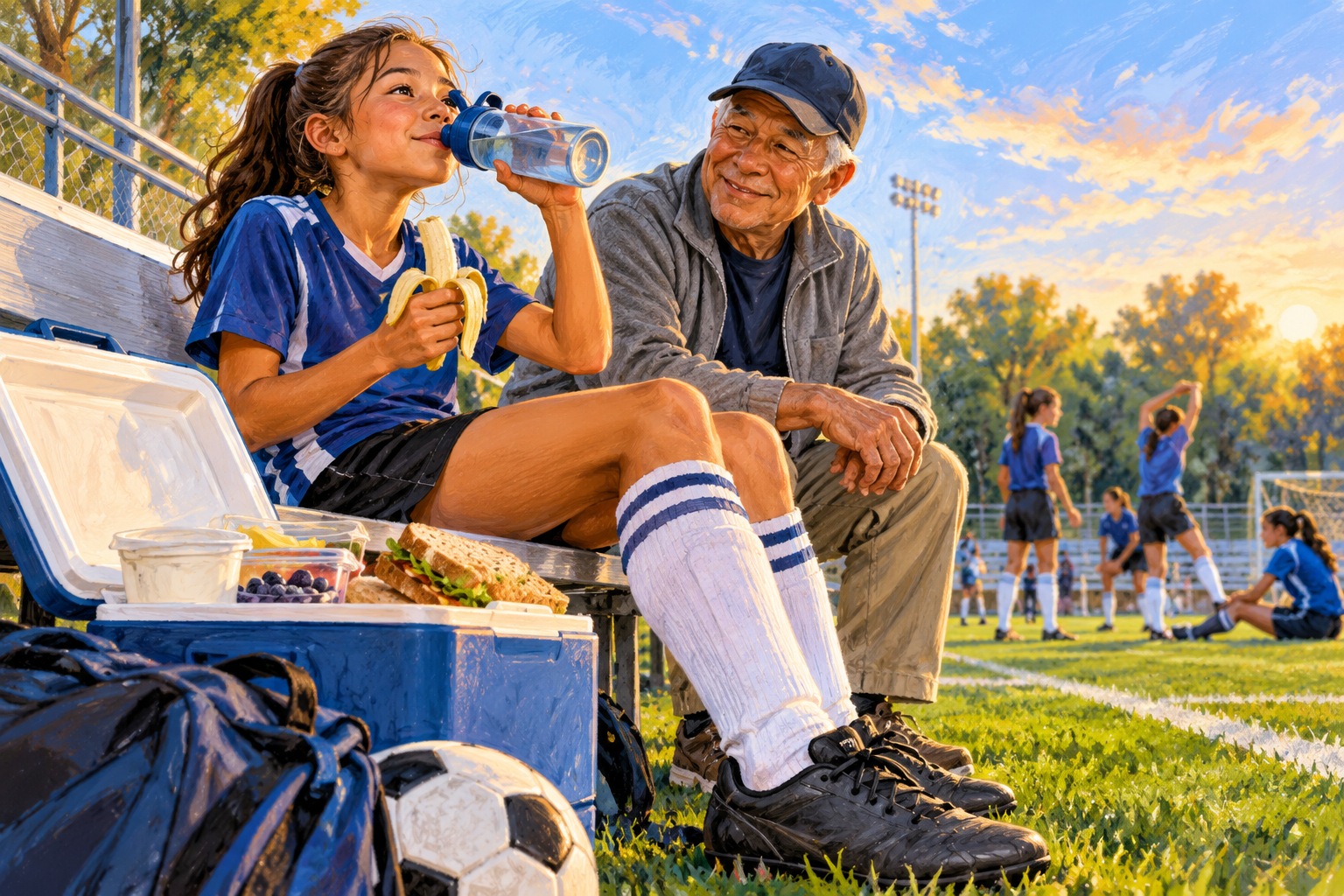 A young football player drinking water and eating a banana with her grandfather beside a field after practice