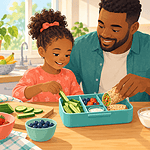 A father and primary-school daughter packing a lunchbox with a wrap, cucumber, berries and yogurt