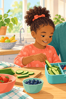 A father and primary-school daughter packing a lunchbox with a wrap, cucumber, berries and yogurt