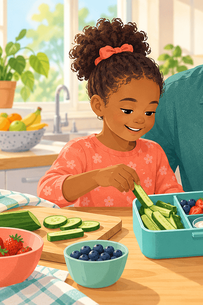 A father and primary-school daughter packing a lunchbox with a wrap, cucumber, berries and yogurt
