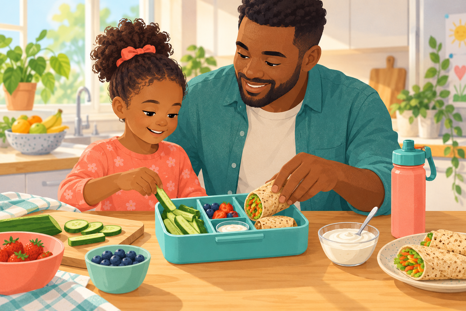 A father and primary-school daughter packing a lunchbox with a wrap, cucumber, berries and yogurt